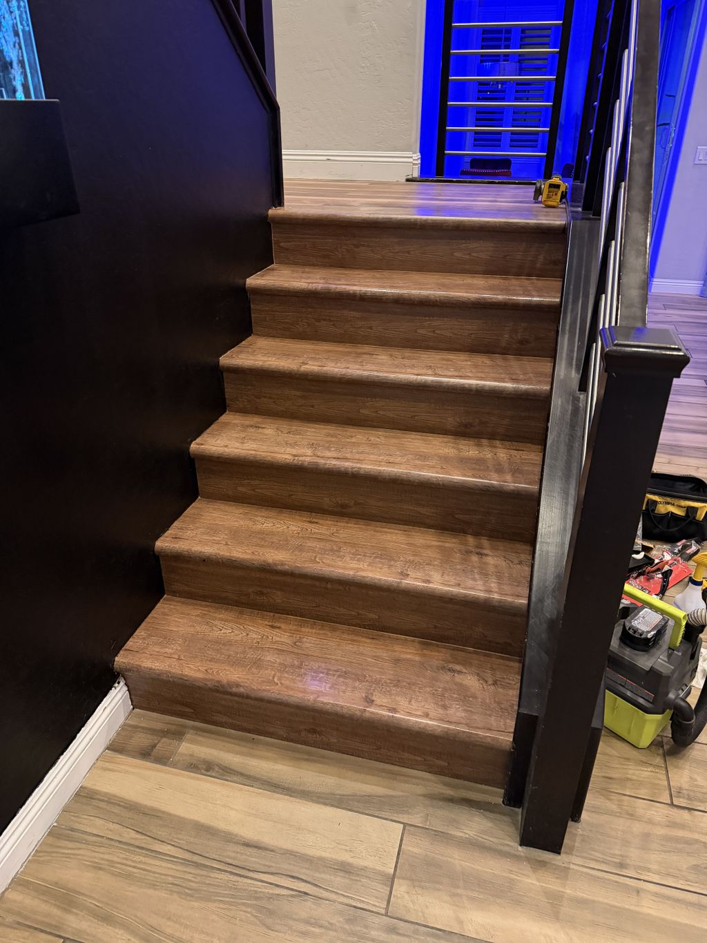 Finished wood-look stair treads close-up